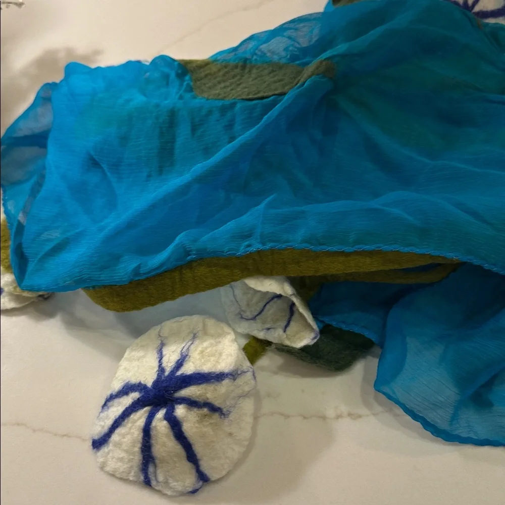 Turquoise Silk Chiffon Scarf with Felted Wool Floral Decor - Picture 4 of 5